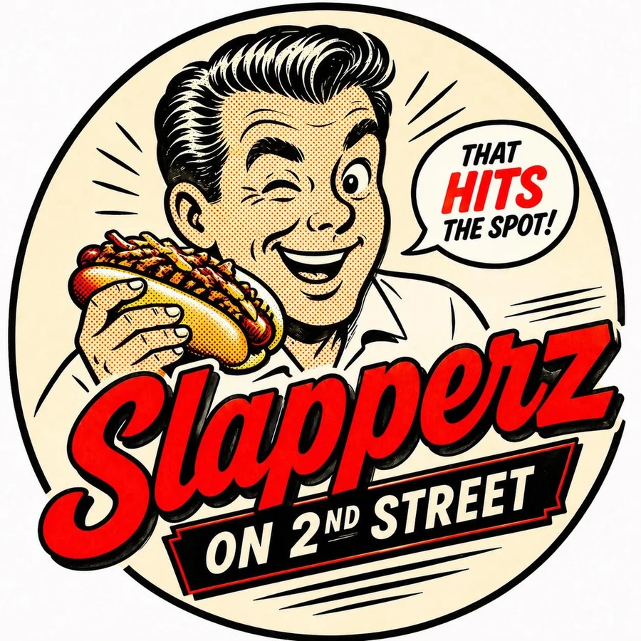 Slapperz on 2nd Street logo: a winking cartoon man biting a loaded hot dog, saying 'That hits the spot!'